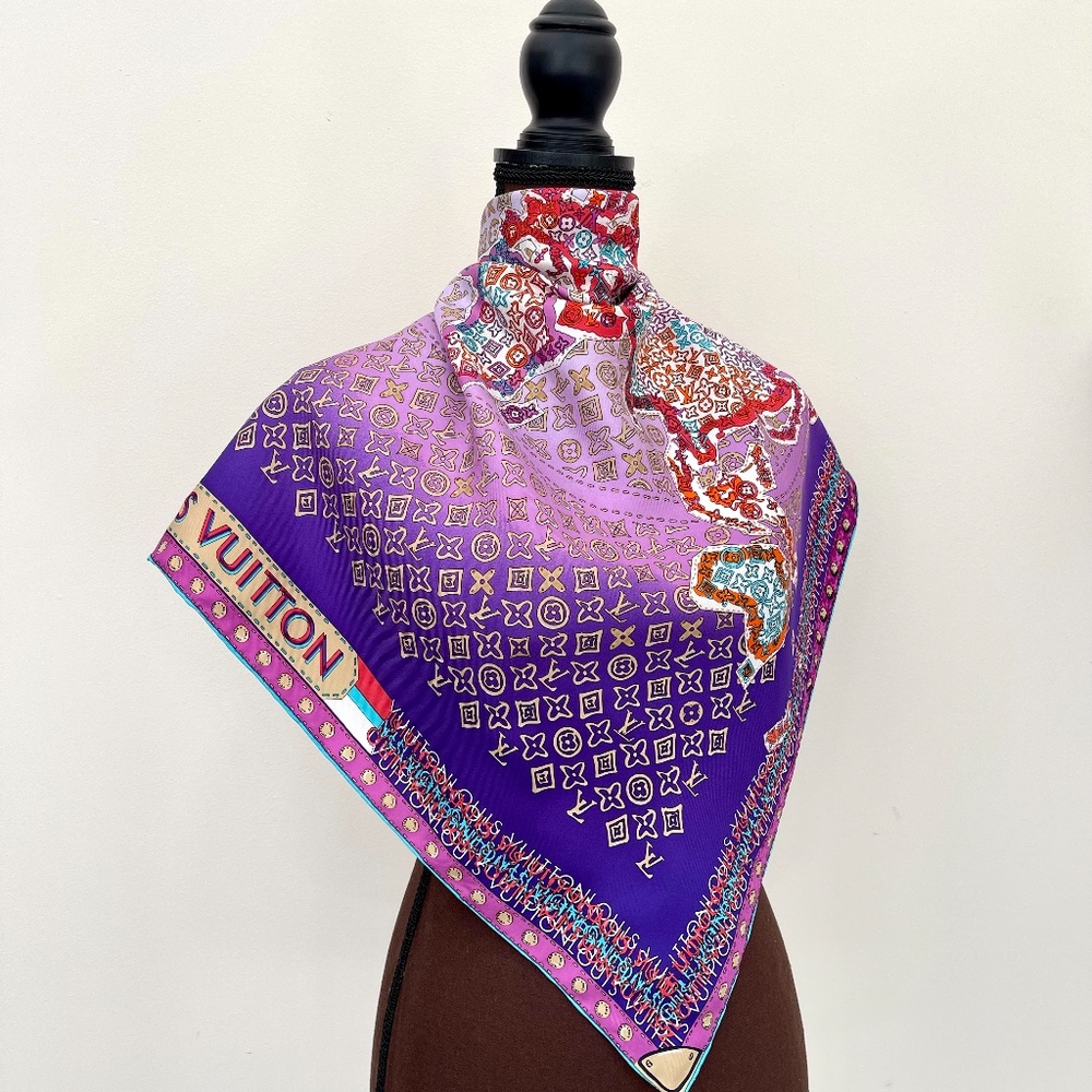 Display # 1 Louis Vuitton Monogram Map Square Purple Silk Scarf - Picture 2 of 16